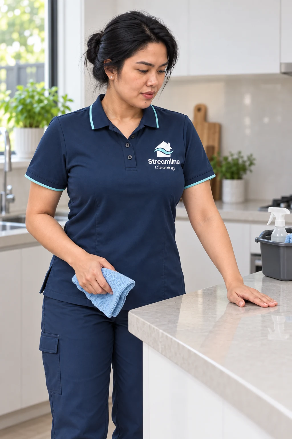 Jerah in Streamline uniform with a cloth at a kitchen bench