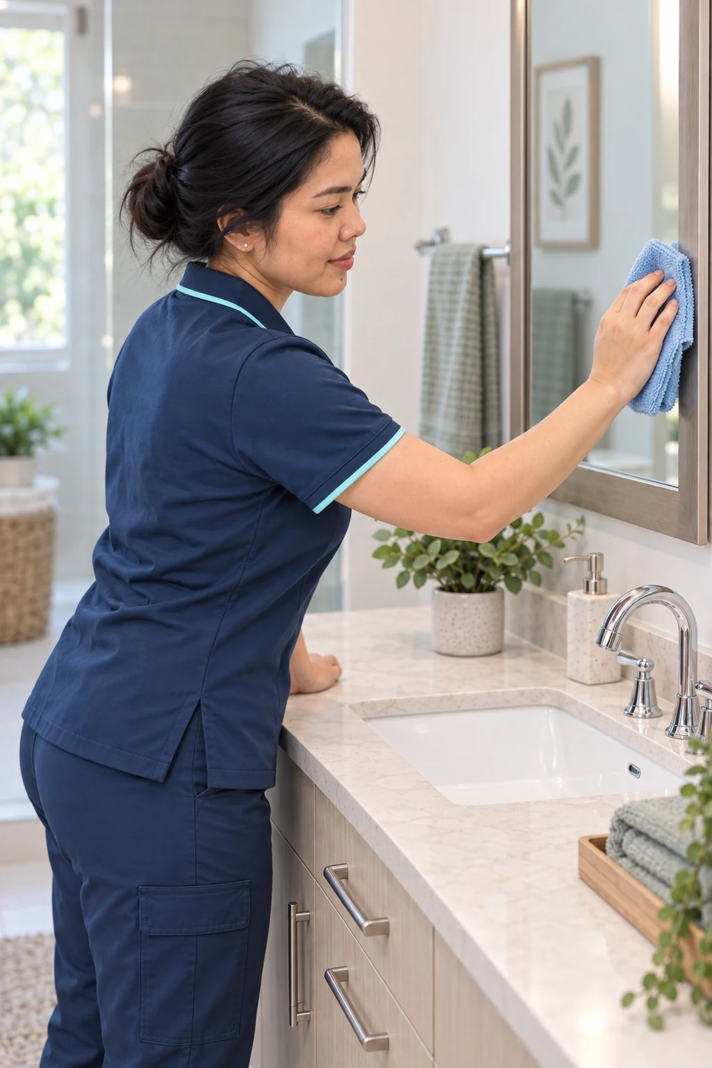 Jerah cleaning a bathroom mirror
