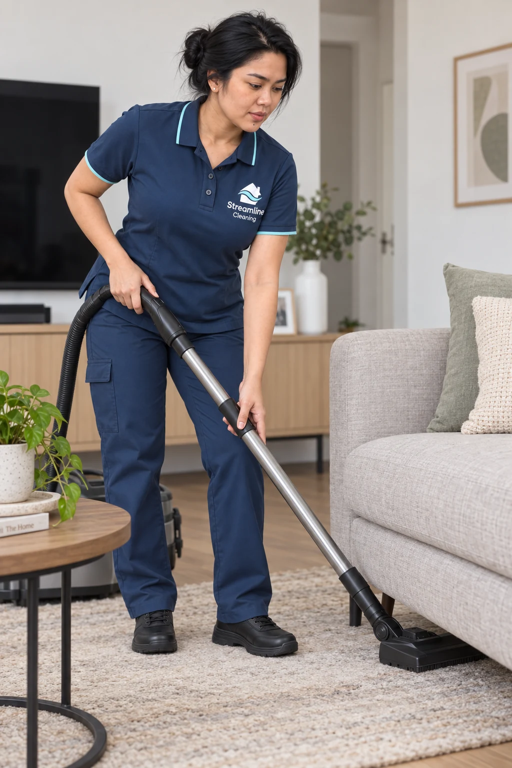 Jerah vacuuming a living room