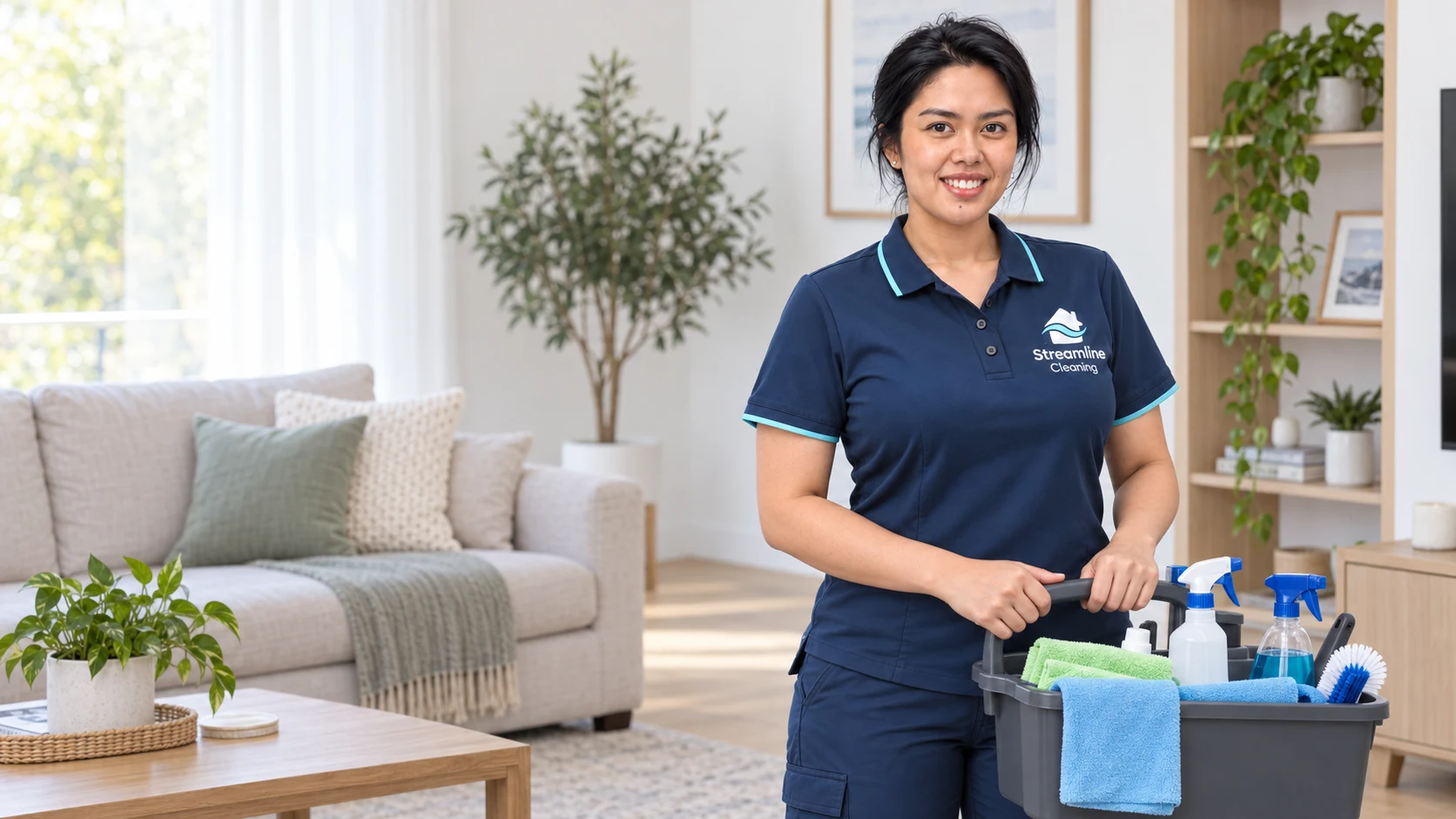 Jerah in Streamline Cleaning uniform holding a cleaning caddy